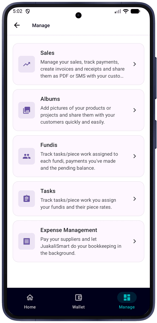 JuakaliSmart Android manage dashboard screen on mobile device